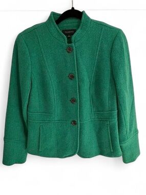 Talbots Button-Front Tailored Green Textured Wool Blend Blazer